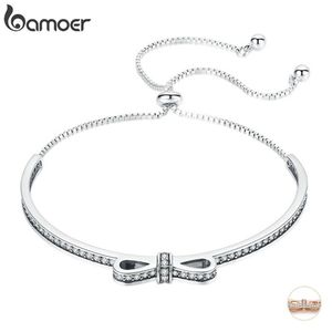 BAMOER High Quality 925 Sterling Silver Bowknot Clear Cubic Zircon Bangles Bracelets for Women Sterling Silver Jewelry SCB108 LY19284a