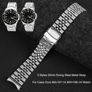 Bandas de relógio 3 estilos 22mm pulseira de metal de mergulho de aço para Casio Duro Mdv107-1A MDV106-1A pulseira de relógio pulseira peças de reposição 230718