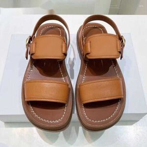 Sandals Flat Thick Sole Genuine Leather Wome Summer Metal Buckle Back Strap Fashion Comfortable Vacation Beach Shoes