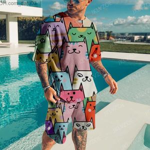 Erkeklerin Trailtsits Yaz 2017 Erkekler 2pcs 3D Karikatür Kedi Baskı Büyük boy erkekler O boyun sweatshirt Z230719