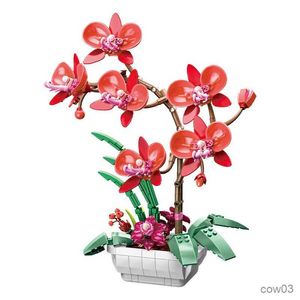 Bloklar Şehir Yaratıcılık Simülasyonu Çiçek Kırmızı Phalaenopsis Orkide saksı süslemeleri Bonsai Yapı Blokları Tuğla Toys Noel Hediyeleri R230720