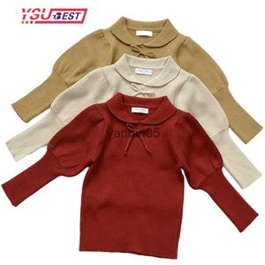 Pullover Spring Autumn Baby Kids Dziewczyny Puff Sleeve Czysty kolor dzianin Bow 2021 Baby Kids Girls Pullower Swaters Ubrania dla dzieci HKD230719