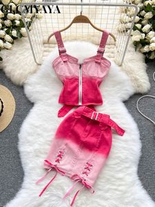 Two Piece Dress GLCMYAYA INS Gradual pink Denim ski suit spaghetti shoulder belt zipper vest top and lace mini sexy club twopiece set 230718