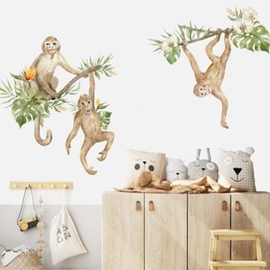 Wall Stickers Monkeys Animals Tropical Floral Watercolor Wall Sticker Nursery Vinyl Removable Wall Decals Mural Kids Room Playroom Home Decor 230718