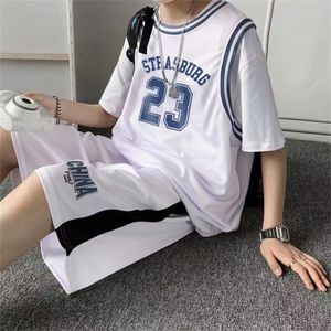 Mens Trailtsitits Yaz Mens Basketbol Üniforma Takım Büyük Boyutlu Japon Moda Gevşek Spor Giyim 2 adet kısa kollu tshirt seti 230718