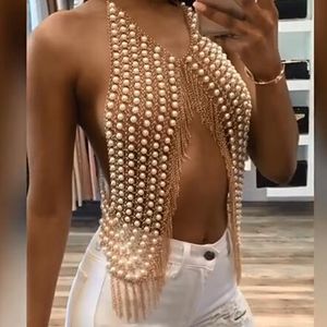 Połączenie Bell Button Seksowne luksusowe imitacja Perl Puste Body Body Naszyjnik Bra Biełd BIKINI Metal Body Body 230718