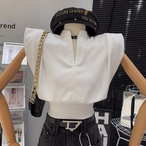 Giyimde Kadın Bluzları 2023 Yaz Vintage Pure Pamuklu Kolsuz T-Shirt Tasarım Sense V Yastık Omuz Pedi Kısa Üst