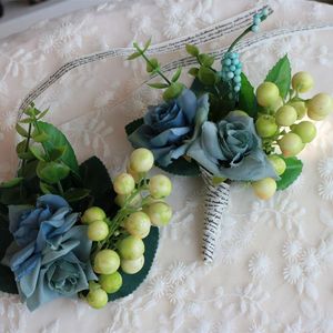 Decorative Flowers 10 Pcs/lot Blue Berry Bride Wrist Flower And Bridegroom Corsage For Wedding