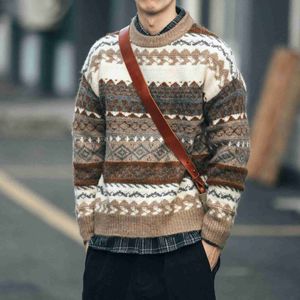Męskie swetry styl etniczny vintage dzianinowy sweter męski kolor kontrastowy luźny gruby okrągły dzianinowy dzianin