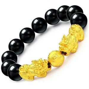 XJ003 Gold color pixiu charm bracelet & bangles for women men couple fashion black stone beads pixiu bracelet Buddha jewelry238u