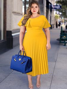 Plus size Dresses Plus Size Pleated Midi Dresses Women Short Sleeve Ruffles Elegant Yellow Fit and Flare Summer Fashion Robes Going Out Party 230719