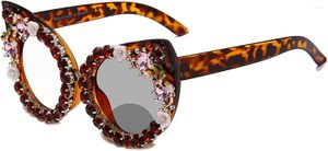 Sonnenbrille Funkelnder Kristallrahmen Cat Eye Bling Strass Bifokale Lesebrille für Frauen Übergang Pochromic Reader NX