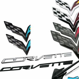 Per il 2014-2019 C7 Corvette GM Carbon Flash Nero Blu Chrome Lettera Distintivo dell'emblema Kit Anteriore Paraurti posteriore bandiere incrociate Stingray280H