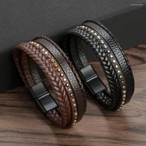 Charm Bracelets Fashion Retro Multi-layer Titanium Steel Hand Woven Rebit Bracelet With Trigo Pattern Alloy Magnet Buckle Leather