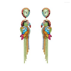 Brincos pendentes BRINCO DE PAPAGAIO DE STRAS COLORIDO para mulheres Arte vintage Pássaro de pavão com joia enfeitada com cristal