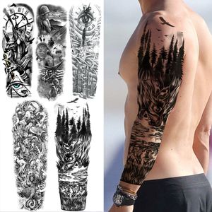 Manicotto per tatuaggi temporanei lupo della foresta nera per uomo donna finto soldato bussola occhio tatuaggio adesivo set di tatuaggi lavabili a braccio pieno