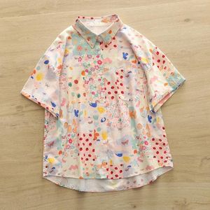 Women's Blouses Womens Floral Print Shirts Short Sleeve Summer Tops Japanese Mori Girl Low High Design Lolita Cute Cotton