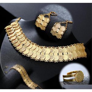 Utsökta mode Mellanöstern Arab Brud Muslimsk mynthalsband örhänge Ringarmband Set Gold Color Wedding Jewelry Accessories CQD198S