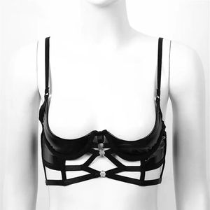 Sutiã Feminino Wet Look sem Copa Couro Envernizado Lingerie Sexy Alças Ajustáveis Bondage Bojos Abertos Sutiãs Fetiche com Aro 3022