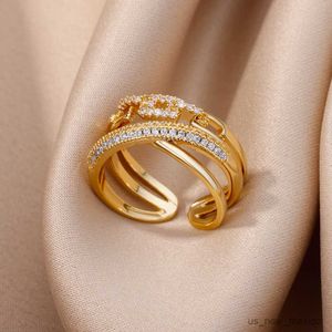 Band Rings Eternity Promise Zirconia Rings for Women Handmade Open Adjustable Stainless Steel Ring 2023 Trend Wedding Jewelry R230804