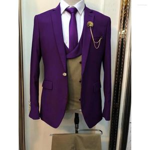 Męskie garnitury najnowszy projekt fioletowe mężczyzn groom ślub bal balum terno męski kostium Homme Slim Fit Blazer 3 szt.