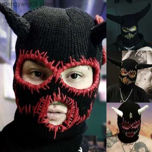 Beanie/Skull Caps Winter Beanie Hats with Devil Horns Sewed Mouth Scars Knitted Hat for Women Halloween Ski Mask Warm Knit Hat for Adults T230719