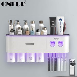 Suportes para escova de dentes ONEUP copos magnéticos suporte para escova de dentes rack de armazenamento de parede dispensador automático de creme dental à prova d'água para acessórios de banheiro conjunto 230718