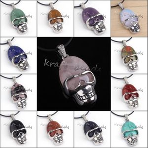 whole 10Pcs Charms Silver Plated Mixed Different Natureal Stone Skull Shape Stone Pendant Jewelry Fit Necklace No Chain2397