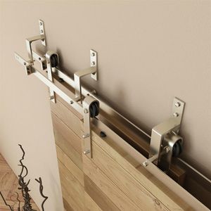 5-8FT Brushed nickel steel wood barn door hardware one piece wall mount pantry bypass sliding door track roller set kit299g