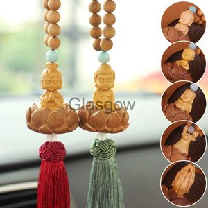 Interior Decorations Chinese Style Wooden Carved Lotus Buddha Statue Car Pendant Creative Lucky Fortune Jewelry Decor Xmas Charming Car Accessories x0718