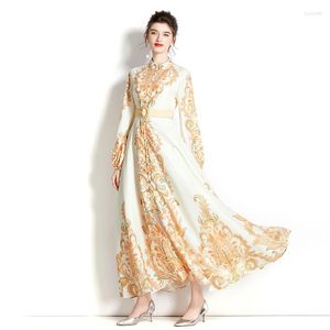 Casual Dresses 2023 Paisley Print Vintage Ethic Style Vacation Runway Dress Women Elegant Maxi Long Turkish Islamic Clothing Jalabiya