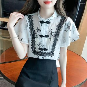 Women's Blouses Print Shirts Summer 2023 Floral Chinese Style Loose Short Sleeve Fashion Top Casual Clothing YCMYUNYAN