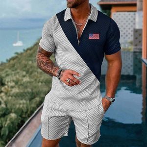 Men's Tracksuits Summer Men's Tracksuit Short Sleeve Polo Shirt Set 3D Print Zipper Lapel T-shirt Shorts 2 Pieces Casual Suit Streetwear Outfit 230719