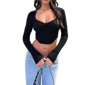 Women's Sweaters Cropped Knit Tops Solid Color Long Sleeve Sweetheart Collar Spring Fall Show Navel