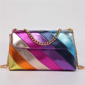 Neuankömmlinge glänzende mehrfarbige Nähte PU Handtasche Metallic Kettengurte Regenbogenfarbe Crossbody Tasche