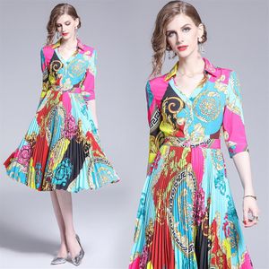 new womens classic floral print pleated dress button front lapel neck empire waist runway casual office ladies sexy slim elegant p255P