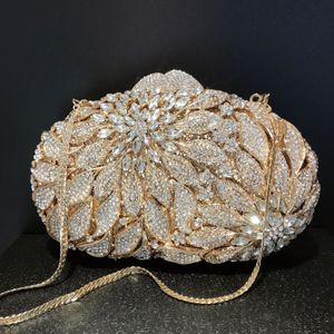 Evening Bags Gold Metal Leaf White Crystal Night Clutch Bag Luxury Women's Wedding Party Wallet Ball Handbag Water Diamond Mini Minaudiere 230718