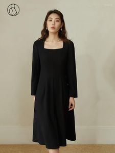 Casual Dresses DUSHU Women'S Elegant Square Neck Temperament Dress For Women Spring 2023 Invisible Shoulder Pad Slim Black