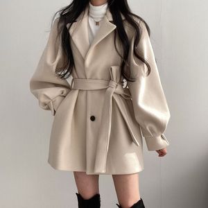 QNPQYX NEW Women Solid Wool Blend Coat Slim Fit Belt 코트 여성 따뜻한면 두꺼운 V- 넥 사무실 레이디 우아한 트렌디 한 버튼 아웃복