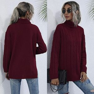 Damenpullover Einfarbig gestrickter Basispullover Frauen Eleganter Rotwein Mid High Neck Top Pullover Herbst Lose Lange Trend Streetwear