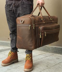 Duffel Bags Men's Crazy Horse Leather Travel Bag Cow Leather Big Travel Duffel Dålig Cowhide Weekend Bag Man äkta läderbagagväska 230719