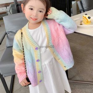 Pulôver Arco-íris Malha Cardigã Suéter Crianças Menina Outono Inverno Sweet Kawaii Camisola Casaco Crianças Menina Coreano Cardigã com Botões HKD230719