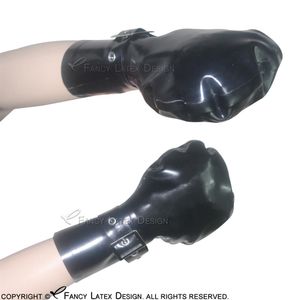 Acessórios de fantasia de luvas de látex sexy pretas com fivelas de cinto Fetish Bondage Luvas de borracha tamanho grande 0002303B