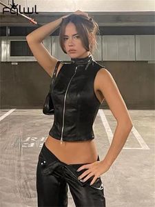 CAMISOLELE TOKS FQLWL SŁUŻE SILNE FAUX PU Skórzany Top dla kobiet czarny rękawo O ZIP UP UP Up Crop StreetCon Bodycon 230719