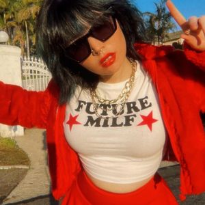 Women's T-Shirt 90s FUTURE MILF Stars Print T-shirts Fashion Casual O Neck Short Sleeve Crop Tops Y2K Summer Sexy E-girl Baby Tee Women Clothing 230719