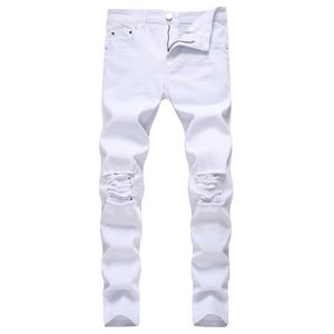 GODLIKEU Weiße Herren-Jeans mit zerrissenem, sich verjüngendem Bein, Distressed-Knielöcher, Slim-Fit-Denimhose, Jeans für Herren3048