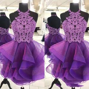 Purple A Line Homecoming Sukienki Seksowne kantar Mini Short Organza Crystal Backless Bling Short Prom Sukienki junior impreza koktajl