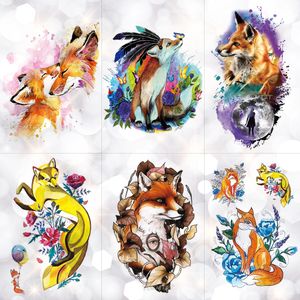 Fire Fox Rose Wolf Feather Watercolor tillfällig tatuering klistermärke Moon Waterproof Tattoos Body Art Arm Fake Tatoo Men Women