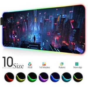 City Night View RGB Mouse Pad Black Neon Lights Gamer Accessories LED MousePad Stor PC Desk Play Mat med bakgrundsbelyst speldisk Y07236D