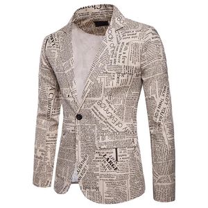 Men's Slim Fit Newspaper Suit Jacket Brand One Button Notched Lapel Suit Blazer Male Party Wedding Business Casual Costume Ho305n